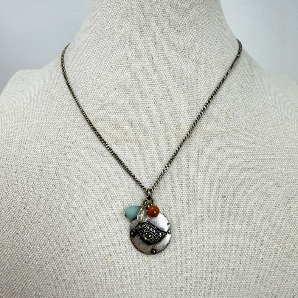 FOSSIL Bird‎ Charm Necklace Silver Tone Dangle Key Lock Pendant Whimsy - Picture 2 of 9